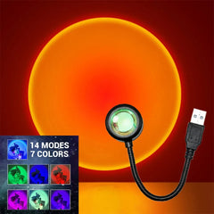 Color-changing light bulb with USB cable on a red background
