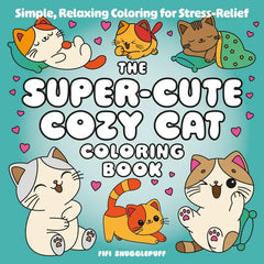 Cover of 'The Super-Cute Cozy Cat Coloring Book' with cartoon cats and hearts on a teal background.
