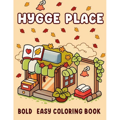 Cover of 'Hygge Place' coloring book with a cozy house illustration and autumn leaves.