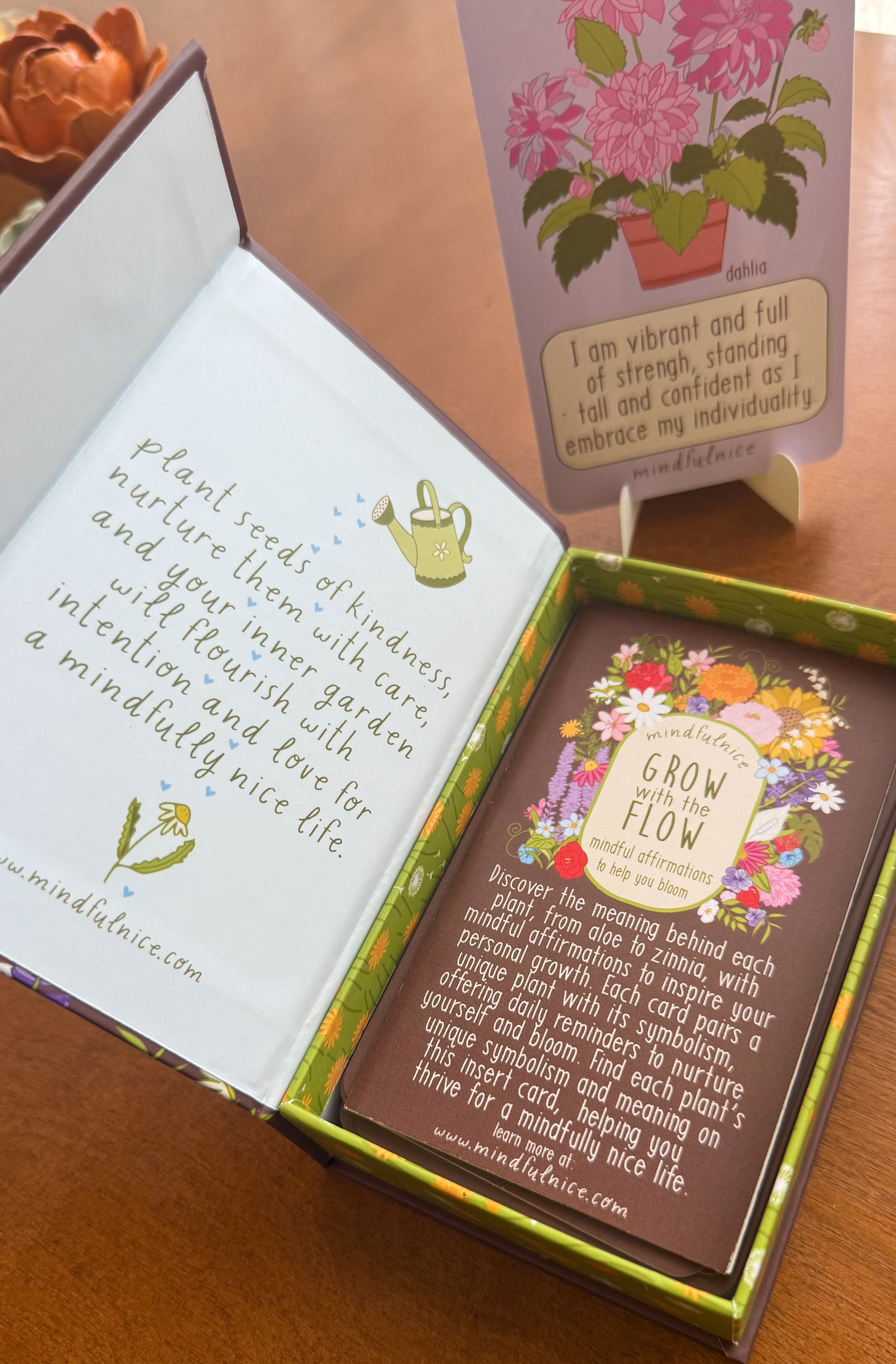 Open book with motivational text and illustrations on a wooden surface