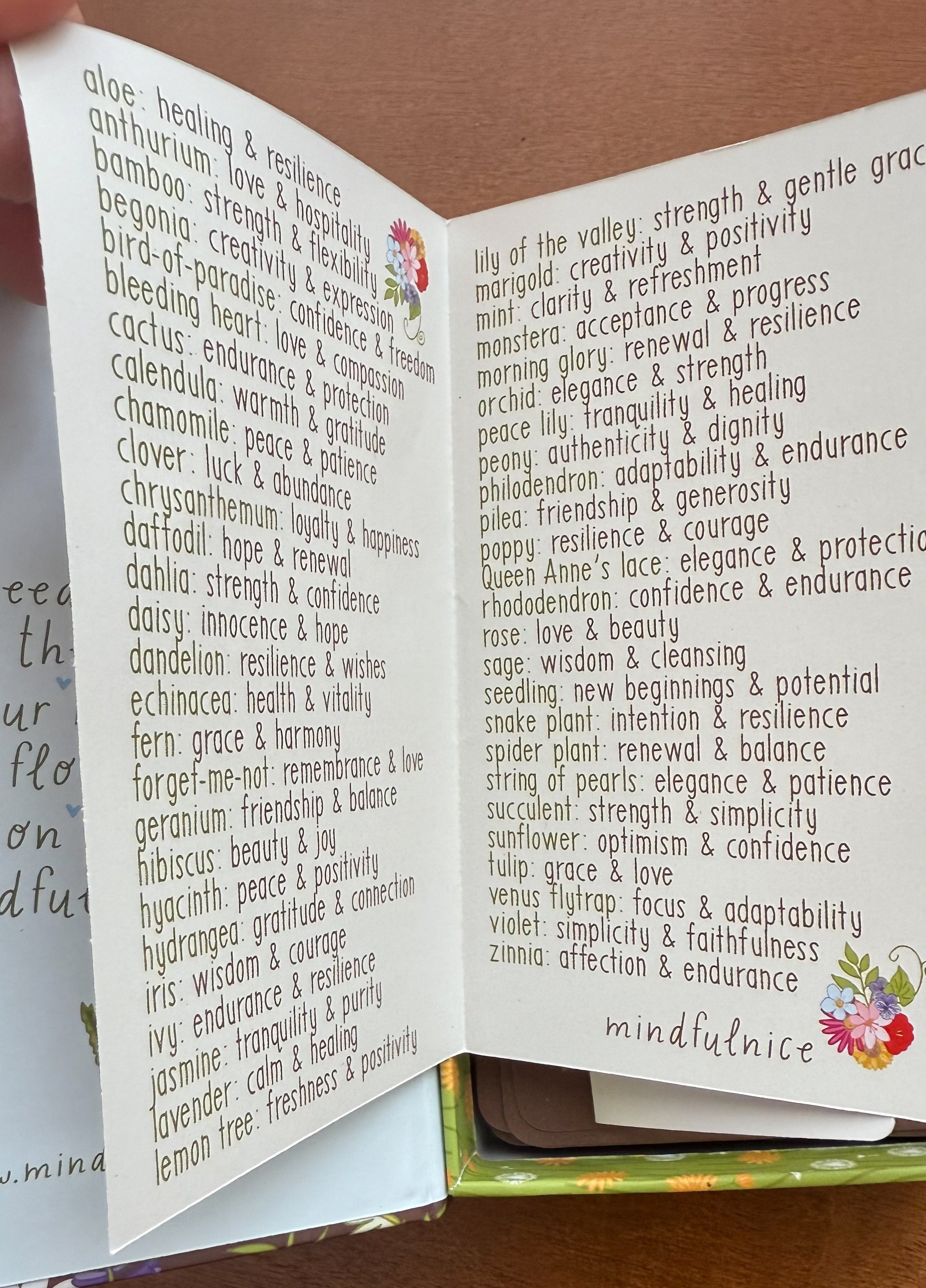 Open book with text and floral designs on a wooden surface