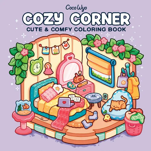Coloring book cover titled 'Cozy Corner' with a bedroom illustration on a purple background.