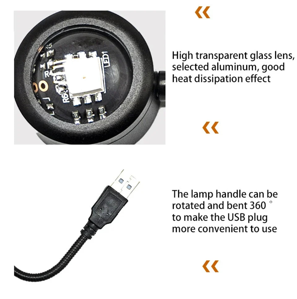 Close-up of a USB light with text describing features like high transparent glass lens and heat dissipation.