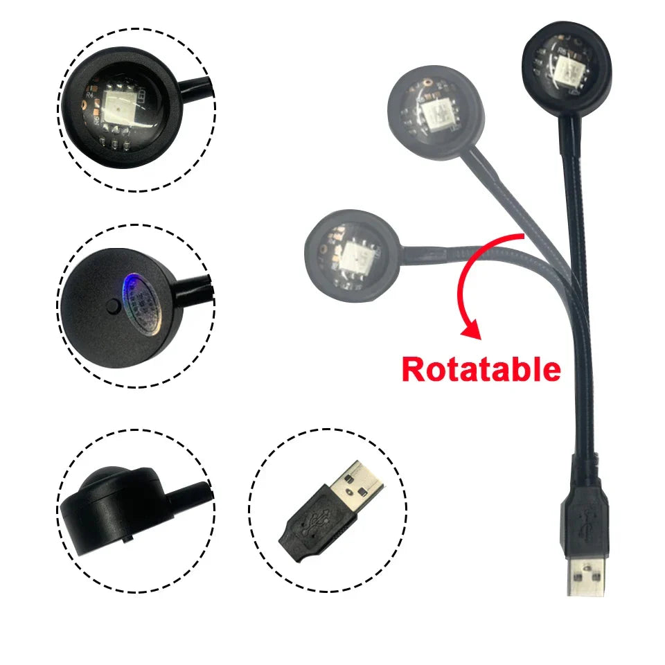 Rotatable USB cable with multiple light bulbs and connectors on a white background