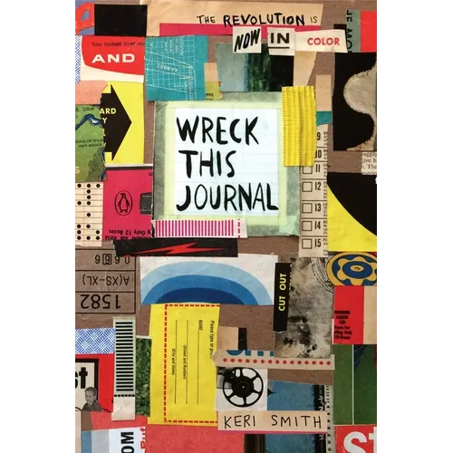 Collage-style book cover of 'Wreck This Journal' with colorful text and graphics.