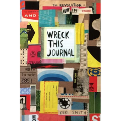 Collage-style book cover of 'Wreck This Journal' with colorful text and graphics.