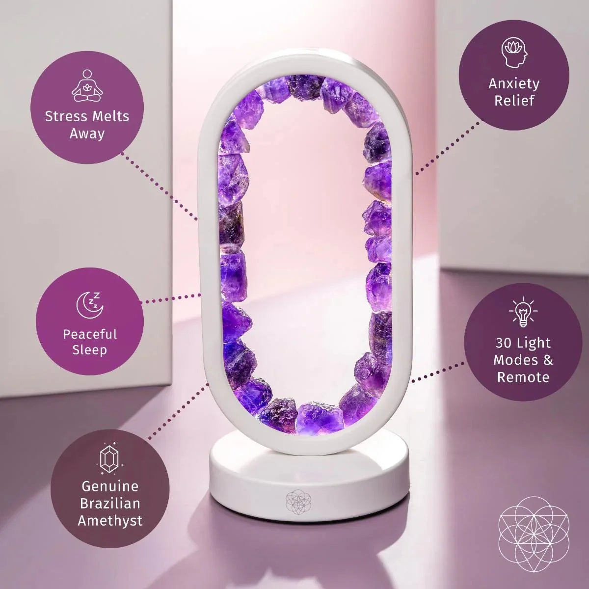 Amethyst crystal lamp with features listed on a pink background